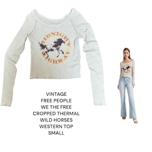 VTG FREE PEOPLE WE THE FREE WESTERN HORSES CROPPED THERMAL LONG SLEEVE TOP SZ. S - Picture 1 of 4